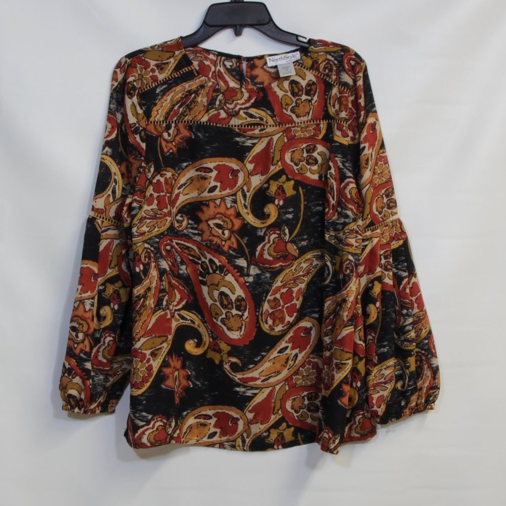 NorthStyle Paisley Sheer Long Sleeve Blouse Black & Fall Color Palette Size M